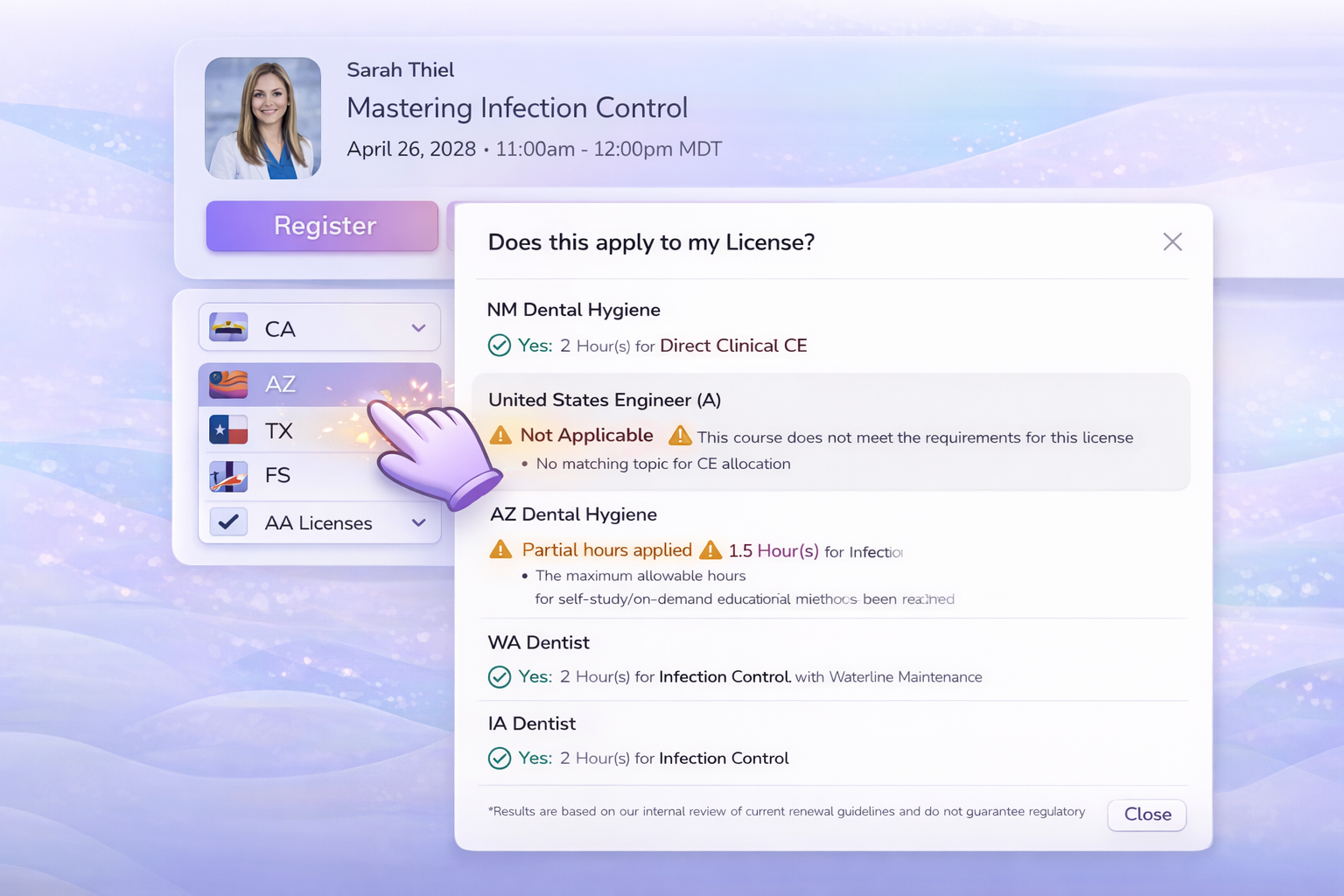 CE course registration for infection control