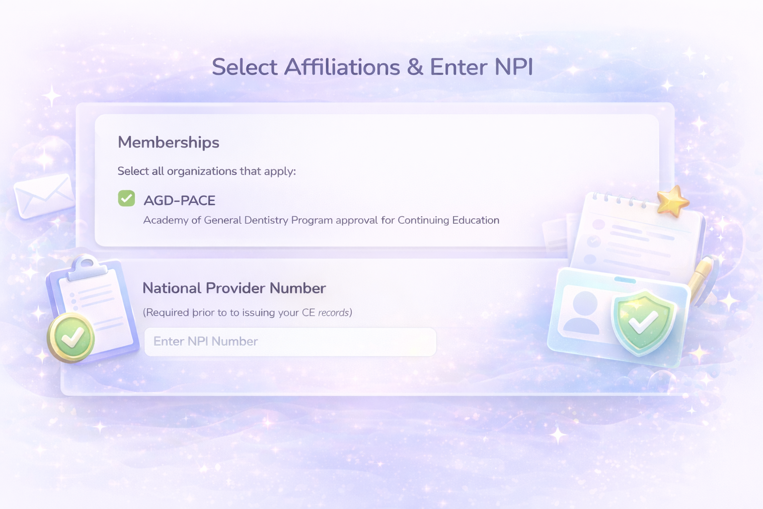 Select affiliations and enter NPI