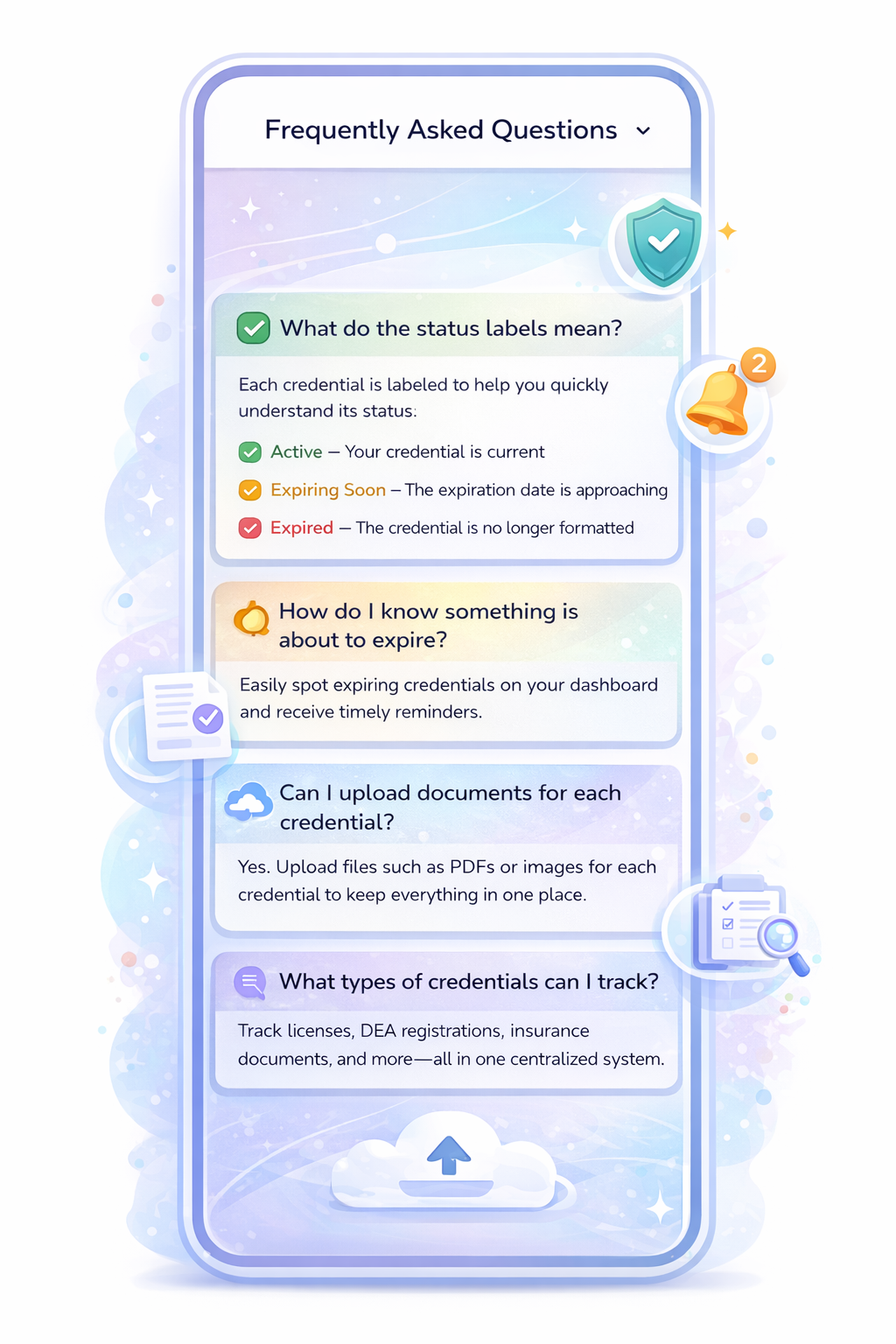 Smartphone FAQ mockup with pastel design